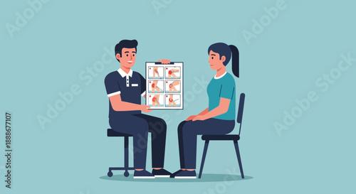 Doctor explaining knee anatomy diagrams to a seated patient during a medical consultation