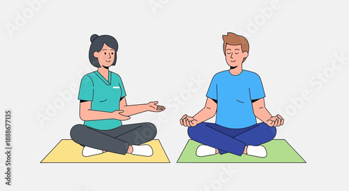Health instructor guides man in meditation session on yoga mats promoting wellness