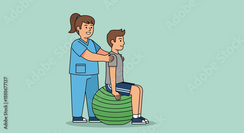 Physical therapist assisting a patient with exercise on a therapy ball for rehabilitation and fitness