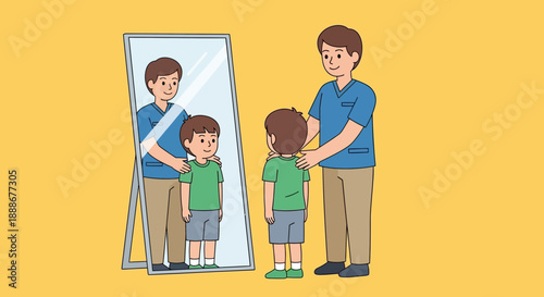 Father supporting his young son as they look into a mirror, fostering confidence and growth together