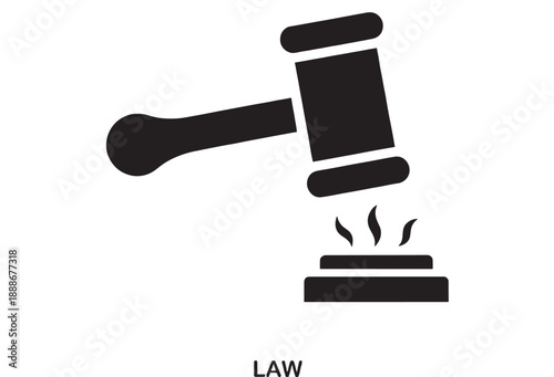 Black outline icon of a judge's gavel striking a sounding block with stylized smoke, representing justice and legal decisions in a courtroom setting.