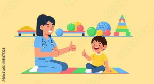 Pediatric therapist gives child thumbs up during therapy session with toys in background