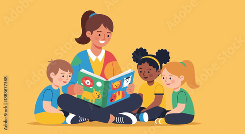 Joyful teacher reading a colorful book to attentive children in a group setting