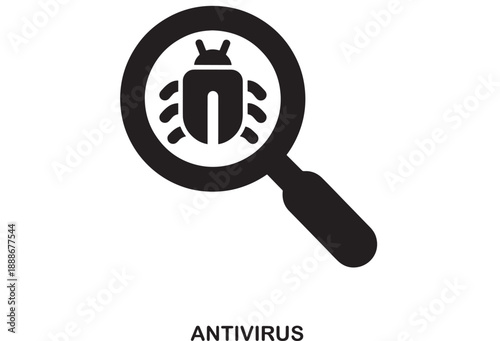 Black filled icon of a magnifying glass over a stylized bug, representing antivirus software, cybersecurity, and malware detection on a white background.