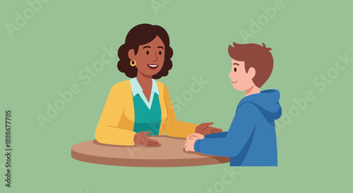 A friendly teacher engaging in a positive conversation with a young student at a table, illustrating learning and guidance.