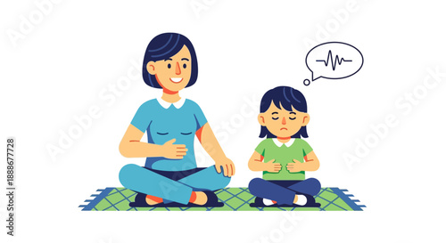 Mother and child practicing mindful breathing exercises together on a patterned mat