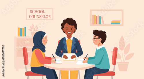 School counselor meeting with diverse students for guidance and support