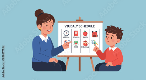 Teacher and student review a visual daily schedule on a presentation board with activity icons