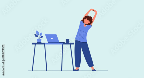 Woman stretching at her desk with a laptop, promoting office wellness and breaks