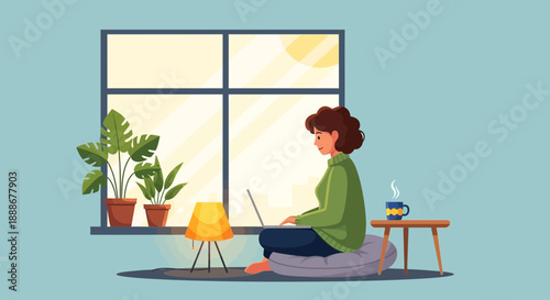 A young woman working on her laptop at home by a sunlit window, enjoying a cozy environment.