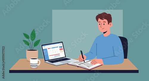 Young man planning his schedule on a laptop and notebook at his desk, symbolizing productivity and focused learning.