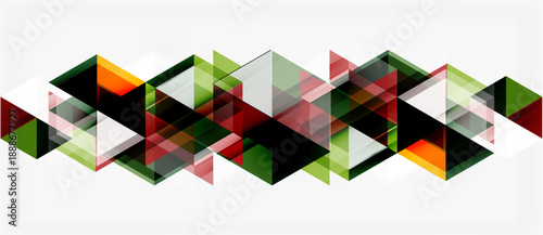Abstract geometric pattern. Overlapping triangles create dynamic visual flow. Colors include green, red, orange, black, gray.