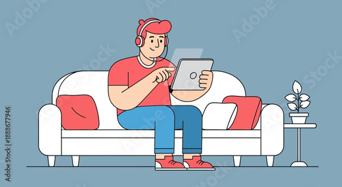 Young man with headphones and tablet relaxing on a sofa