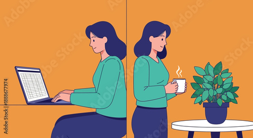 Woman in Split Scene Working on Laptop and Enjoying Coffee