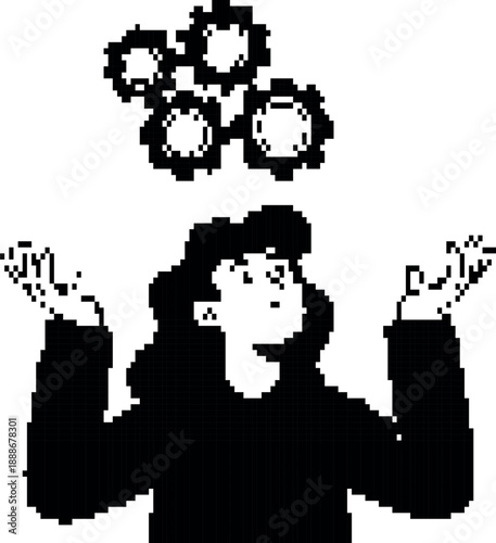 pixel vector Woman reaching for floating gears representing ideas or problem solving on transparent background