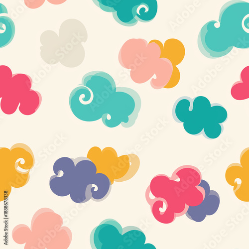 Seamless Cute Chunky Cloud Pattern in Pastel Colors, Bubble Icon Shapes on Cream Background