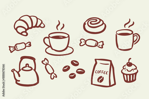 Coffee and pastries doodle set line art vector illustration