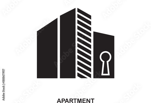 Abstract black graphic of modern apartment building facade with keyhole icon, representing real estate and security, flat design vector