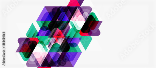 Abstract geometric shapes overlap, creating vibrant color blends. Purple, green, pink hues dominate composition. Modern design element.