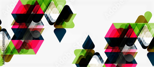 Abstract geometric shapes overlap, creating vibrant colorful patterns. Minimalist design with transparency effects. Modern aesthetic.