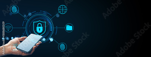 Φωτογραφία Smartphone in hand with digital hologram of padlock and cybersecurity icons representing data protection and secure mobile technology concept