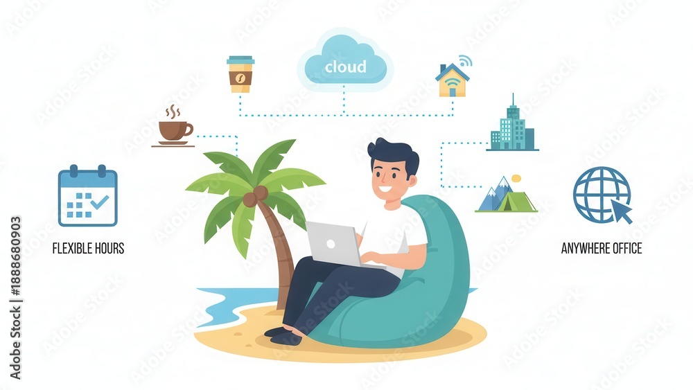 Obraz premium Unleashing the ultimate work freedom: a digital nomad's global, flexible, cloud-powered