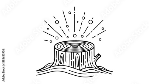 Minimalist line art illustration of a tree stump with radiating particles representing growth or magical nature energy.