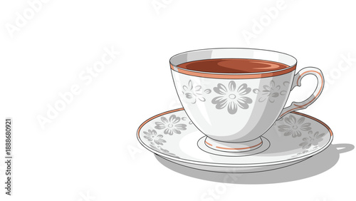 Elegant white porcelain teacup and saucer set with delicate floral patterns filled with hot tea on a white background.