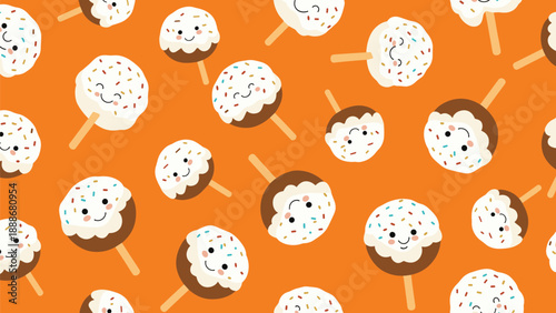 Seamless pattern of adorable smiling cake pops with colorful sprinkles on sticks against a vibrant orange background.