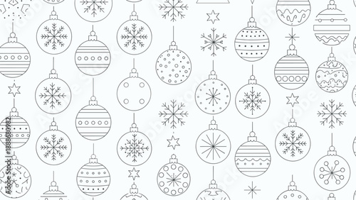 Intricate seamless pattern of various Christmas baubles and snowflakes in fine line art style on a light background.