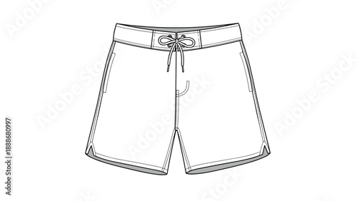 Technical flat sketch of men s swimming shorts with drawstring waist and side pockets on a white background.