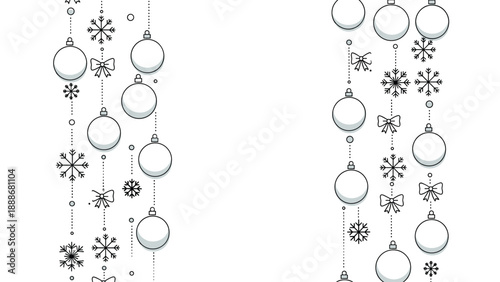 Elegant vertical borders featuring various Christmas baubles snowflakes and bows in line art style for holiday cards.