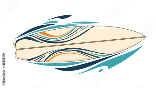 Modern surfboard design featuring dynamic blue and orange wave patterns against a sandy background for water sports.
