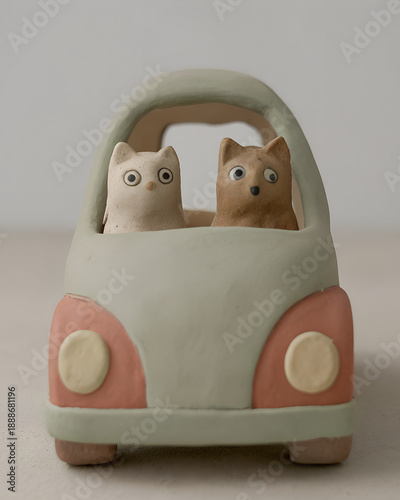 Whimsical Drive: Two endearing ceramic cat figurines embark on a delightful journey inside a charming miniature car. This adorable scene captures the playful essence of adventure and imagination.