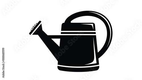 Solid black silhouette of a classic garden watering can with a curved handle and sprinkler nozzle isolated on a plain white background.