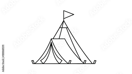 Simple line art illustration of a classic triangle camping tent with a small flag on top and ground stakes for an outdoor adventure theme.