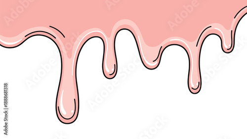 Pink liquid or syrup dripping down from the top edge in smooth viscous droplets against a white background for a sweet food design concept.