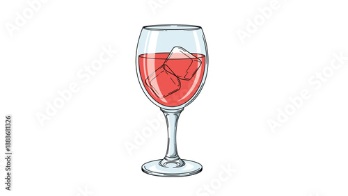 Sophisticated glass of red wine filled with translucent ice cubes shown in a clean colored illustration style for a refreshing drink theme.