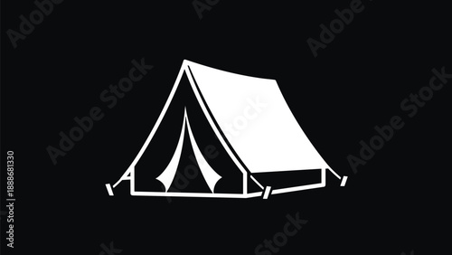 Minimalist white silhouette of a triangular camping tent set against a solid black rectangular background for a bold high contrast icon.