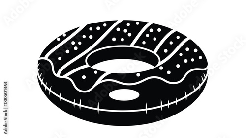 Solid black silhouette of a delicious donut with wavy icing and small circular sprinkles shown from a three quarter perspective view.