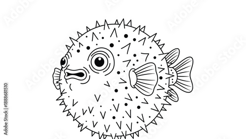 Highly detailed line drawing of a pufferfish or blowfish with sharp spikes and large expressive eyes for a marine life coloring page.