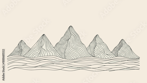 Serene landscape illustration with five mountain peaks and flowing wavy lines at the base against a light beige background for wall art.