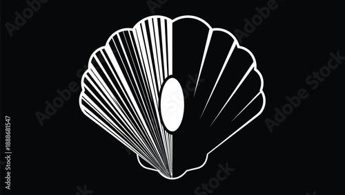 Elegant black and white illustration of an open seashell revealing a perfect white pearl inside for a luxury or ocean theme design.