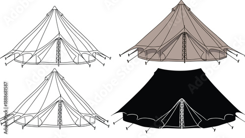 Set of four bell tent illustrations showing various styles including line art, colored, and silhouette for camping and outdoor activities.