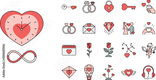 Illustrations of Valentine's Day symbols and icons including hearts and love-themed designs