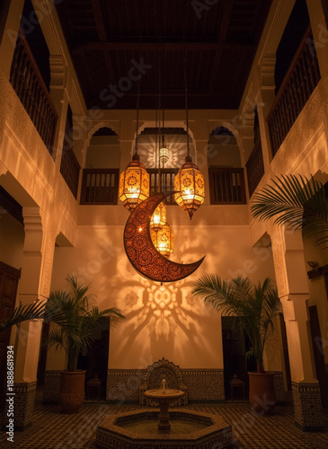 A Moroccan-style courtyard with a crescent lantern casting ornate shadows over tiled walls and a central fountain