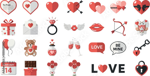 Various Valentine's Day symbols and icons on white background 