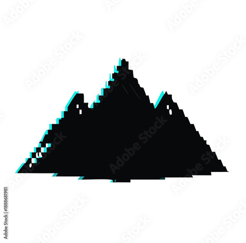 Glitch effect mountain silhouette with digital distortion, abstract alpine landscape icon on dark background