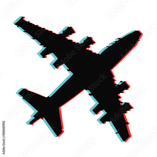 Glitch effect airplane silhouette from above, digital distortion of modern aircraft icon on dark background