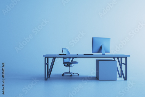 Slika na platnu Modern blue desk setup with computer and office chair isolated on gradient background, showcasing contemporary corporate workspace design